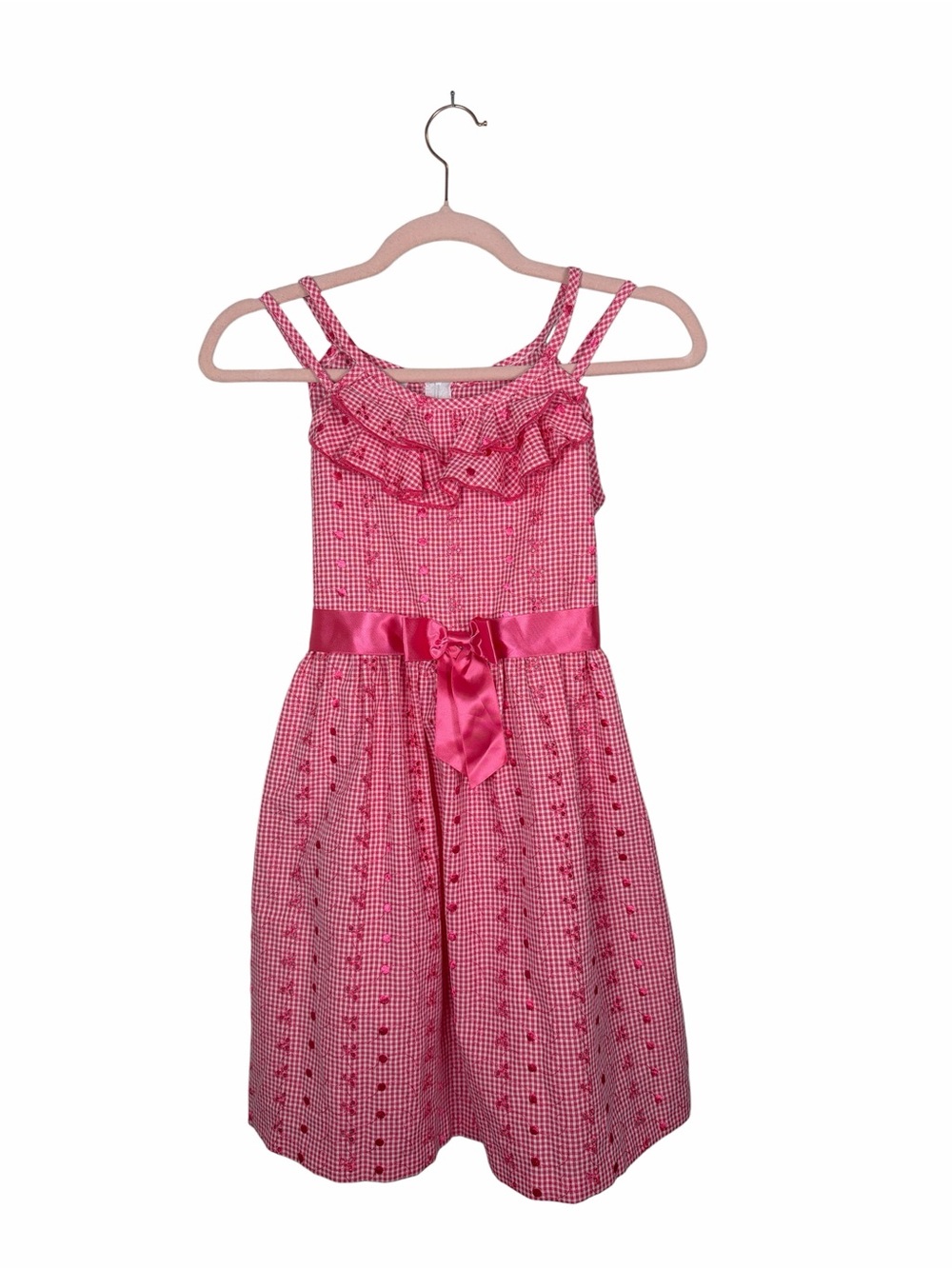 Bonnie Jean Girls Size 12 Pink Gingham Party Dress Ruffle Satin Bow Cute Dress
